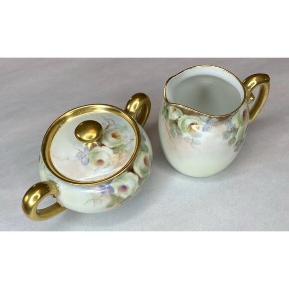 D & C France Limoges Cream & Sugar w/ Lid Floral Gold Gilt White Porcelain 1906